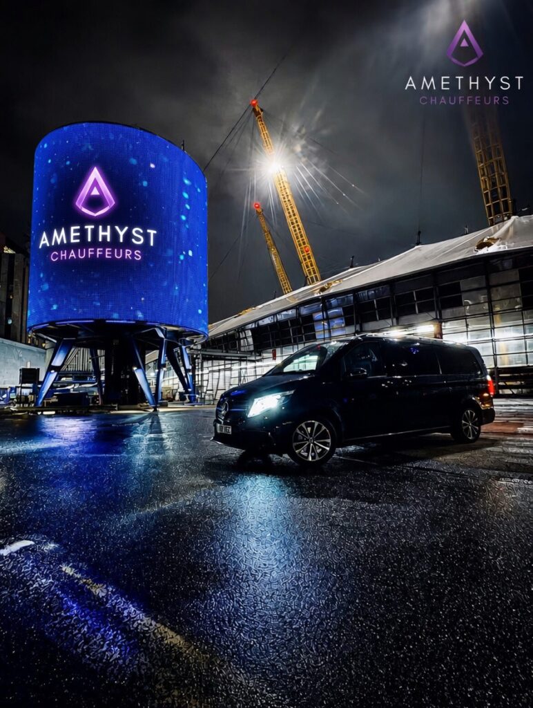 Paul Smith with Amethyst Chauffeurs Mercedes V-Class V300 during VIP chauffeur service for his O2 Arena event in London.